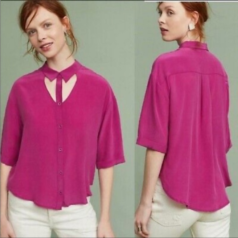 Anthropologie Maeve Mairead Raspberry Silk Button Down Blouse size XS